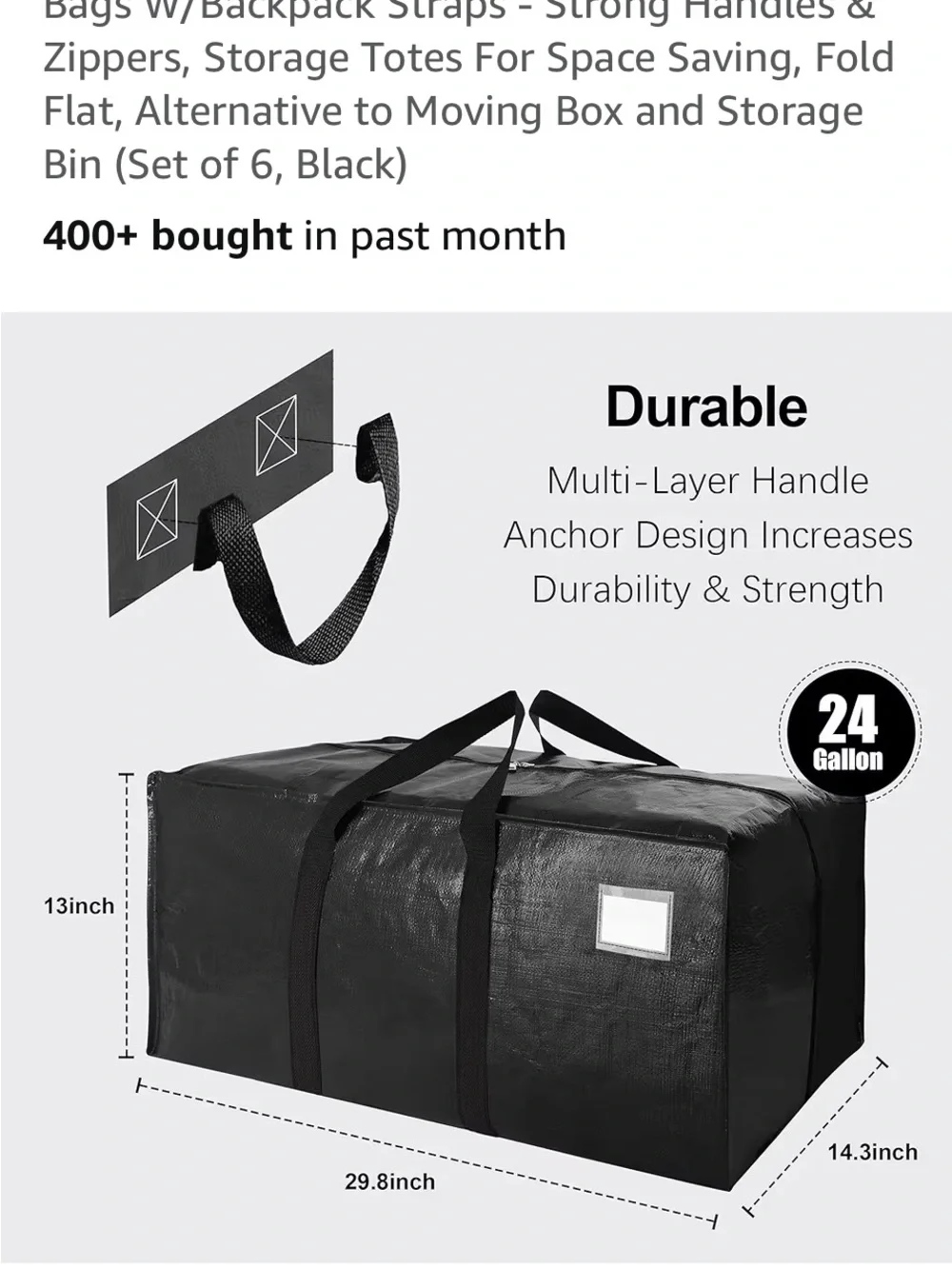 Heavy-Duty Black Storage Totes with Reinforced Carry Straps (Set of 6)
